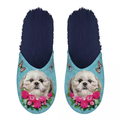 MERKLOOS Hausschuhe Shih Tzu Hellblau/Dunkelblau 39-42 cm - Tierprint