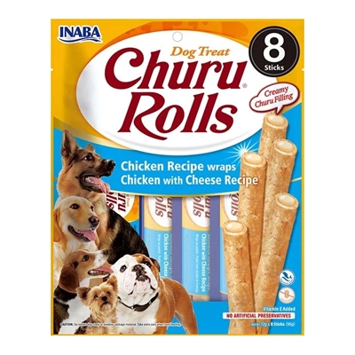 INABA Hundesnacks Churu Rolls Huhn mit Käse 8x12 gr - Leckerli in Stangenform