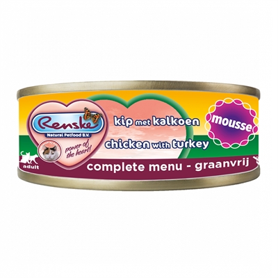 RENSKE Kat Mousse Kip & Kalkoen Graanvrij - Hoog kipgehalte, zachte mousse & natuurlijke taurine - 24x70 g