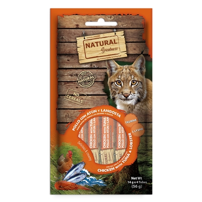 NATURAL GREATNESS Kattensnack Creamy Chicken met tonijn & kreeft | Hypoallergeen, met taurine en L-lysine - 4x14 g