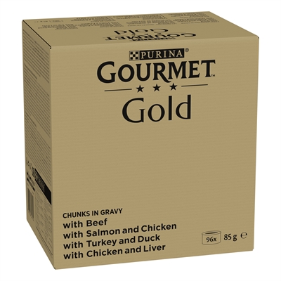GOURMET Gold Chunks in Gravy 96×85 gr – Rund, Zalm, Kalkoen, Kip