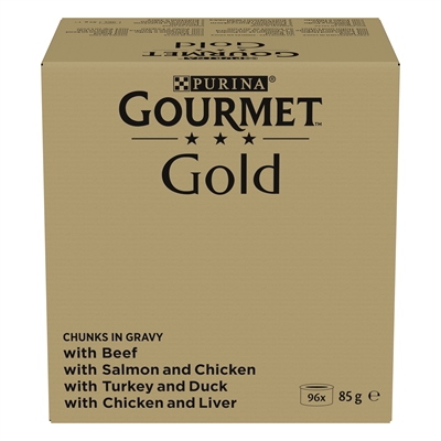 GOURMET Gold Chunks in Gravy 96×85 gr – Rund, Zalm, Kalkoen, Kip