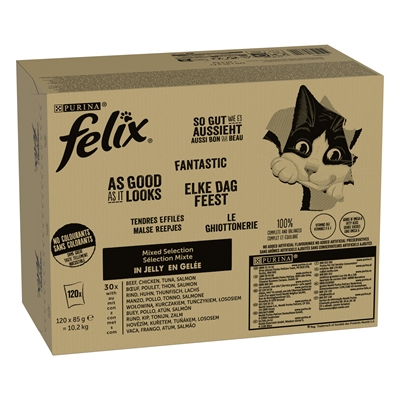FELIX kattenvoer MIXED SELECTION in Gelei 120×85 g – Rund/Kip/Tonijn/Zalm
