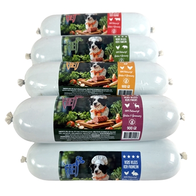 FREDS hondenworst assorti box 10x900 g – gestoomd vers vlees
