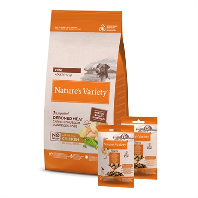 NATURES VARIETY graanvrij hondenvoer Mini Chicken 1,5 kg + 2x120 g
