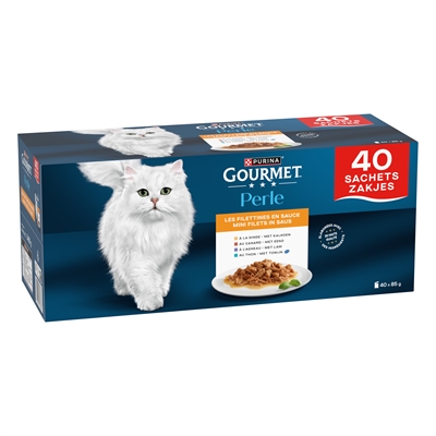 GOURMET Kattenvoer Perle Mini Filets in Saus Multipack - 4-smaken mix (kalkoen, eend, tonijn, lam), fijne filets - 40x85 g