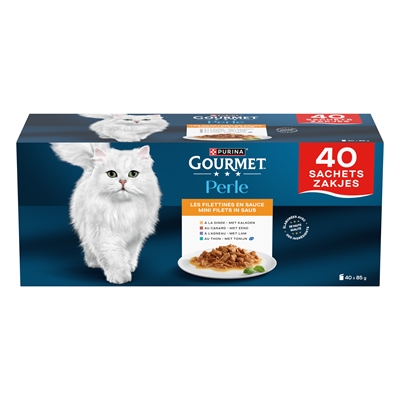 GOURMET Kattenvoer Perle Mini Filets in Saus Multipack - 4-smaken mix (kalkoen, eend, tonijn, lam), fijne filets - 40x85 g