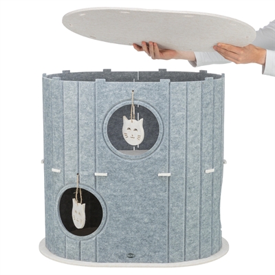 TRIXIE Speelbox Mara | Vormvast vilt, meerdere ingangen & speeltjes - Zand/Grijs - 66x46x62 cm