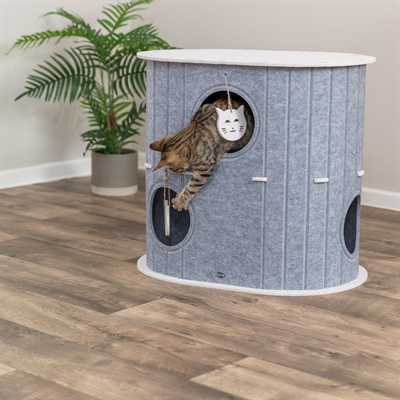 TRIXIE Speelbox Mara | Vormvast vilt, meerdere ingangen & speeltjes - Zand/Grijs - 66x46x62 cm