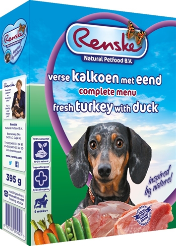 <span id="brand" data="renske"/> Vers Vlees Hondenvoeding Kalkoen/Eend 10×395 gr – Compleet met Rijst en Groenten