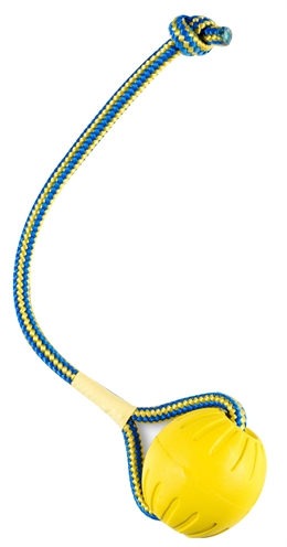 STARMARK Fetchbal aan koord Swing 'N Fling DuraFoam - vrijwel onverwoestbaar en drijvend - geel/blauw - L 9 cm